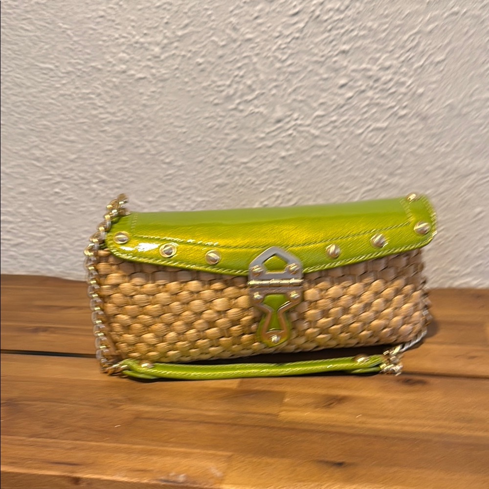 Michael Kors Green and Tan Clutch with Woven Design